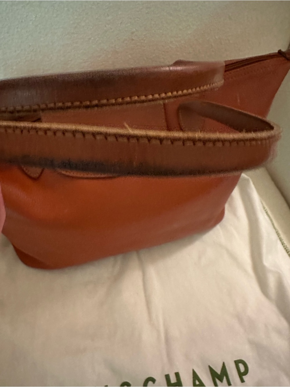 Vintage Longchamp Orange Leather Pliage Tote Bag and Dust Bag - Picture 8 of 11